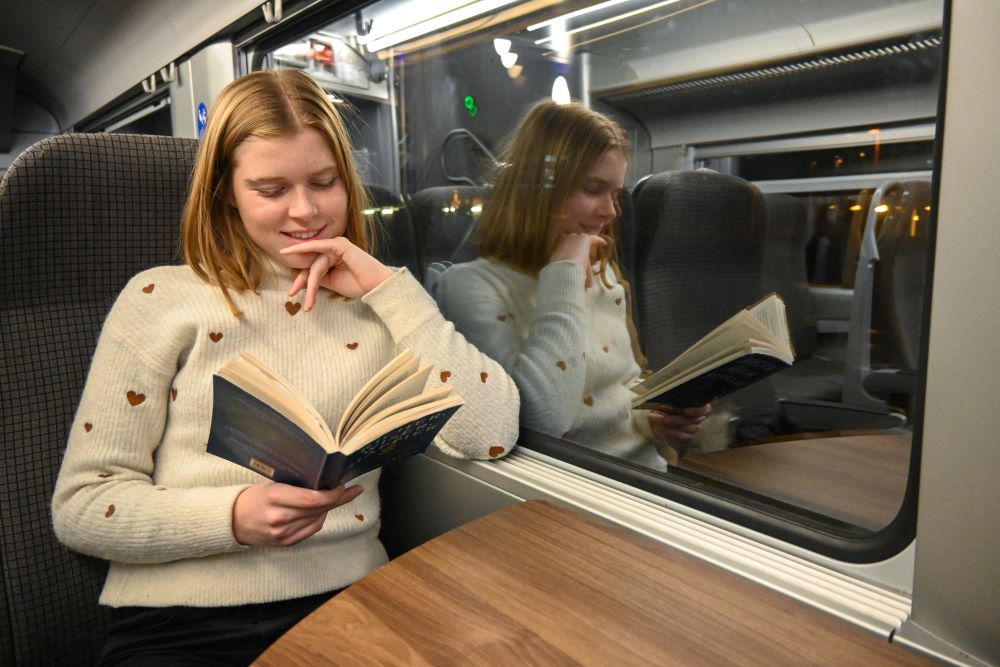 reading a book on the train